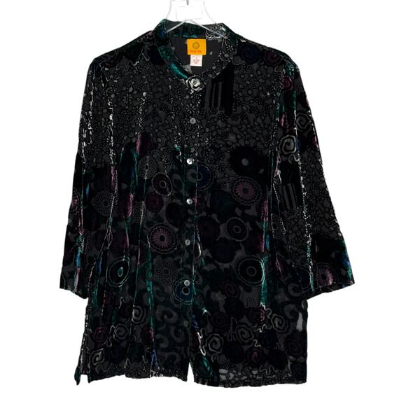 Ruby Rd. 16 Womens Button Front Shirt Burn Out Velvet Geometric Print Plus - Picture 1 of 9